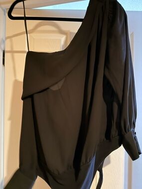 One-Shoulder Black Draped Blouse bodysuit